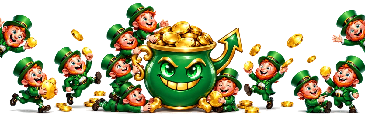 Leprechauns celebrating around the Breakout pot of gold